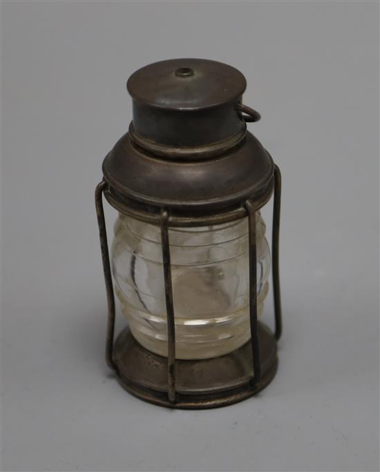 A late Victorian novelty silver mounted glass miniature ships lamp, Deakin & Francis, Birmingham, 1895, 85mm.